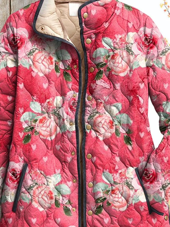 Charming Pink Floral Print Quilted Jacket for Women