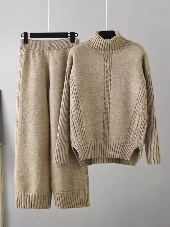 Scarlett - Chic High-Neck Knit Sweater & Loose Pants Set
