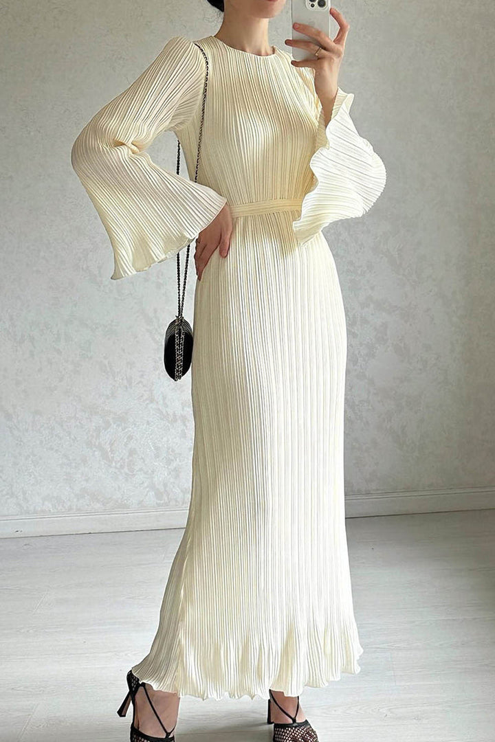 ELANI – STREET SOLID PATCHWORK PLEATED LONG DRESS