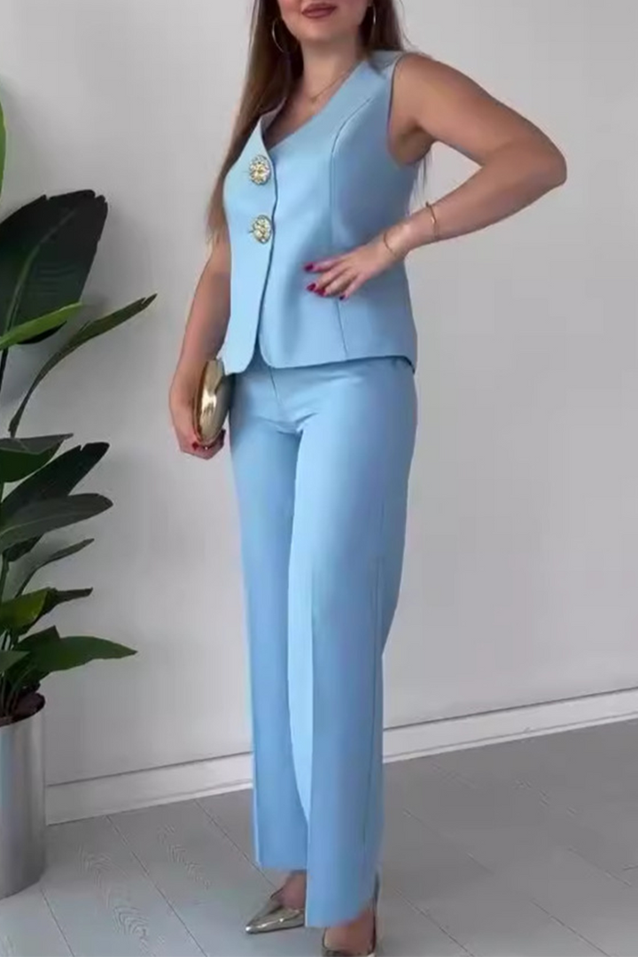 ARIANWEN – ELEGANT SOLID COLOR PATCHWORK V-NECK TWO-PIECE SET