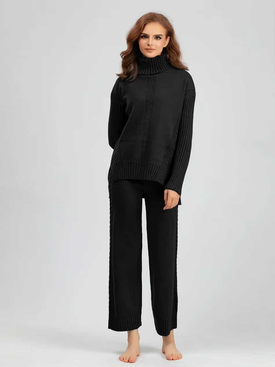 Scarlett - Chic High-Neck Knit Sweater & Loose Pants Set