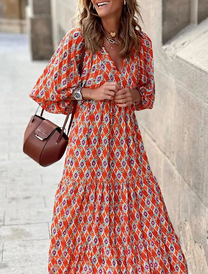 WINONA – WOMEN'S PUFF SLEEVE GEOMETRIC BOHEMIAN MAXI DRESS