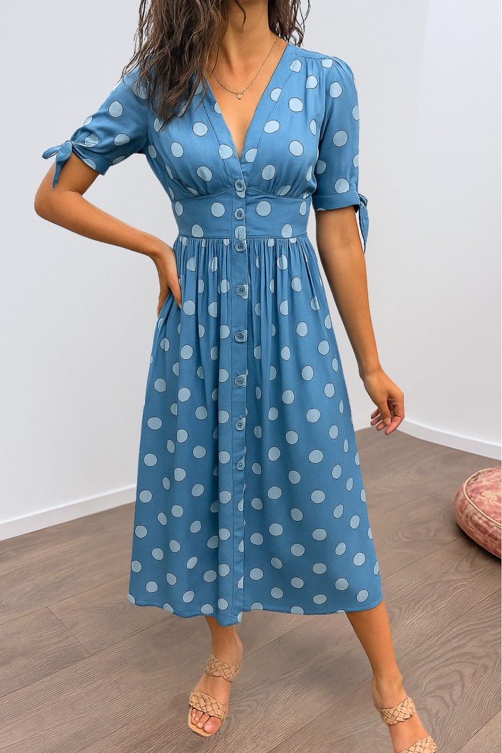 FREYA – ELEGANT POLKA DOT DRESS WITH V-NECK