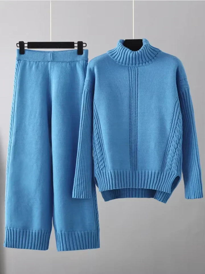 Scarlett - Chic High-Neck Knit Sweater & Loose Pants Set