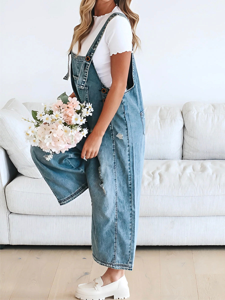 ELESSA – LOOSE FIT DENIM DUNGAREES IN DISTRESSED LOOK