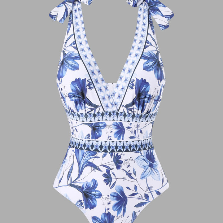 EMBERLY – BLUE AND WHITE PORCELAIN SWIMSUIT WRAP SKIRT SUIT