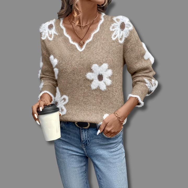 THEA – ELEGANT V-NECK FLORAL SWEATER