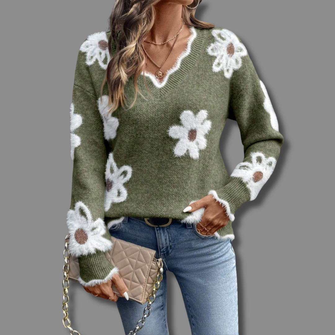 THEA – ELEGANT V-NECK FLORAL SWEATER