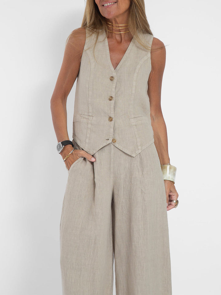 Jessica - Buttoned Vest & Wide-Leg Trousers Set