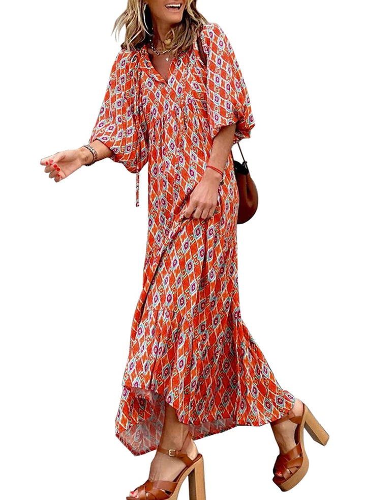 WINONA – WOMEN'S PUFF SLEEVE GEOMETRIC BOHEMIAN MAXI DRESS