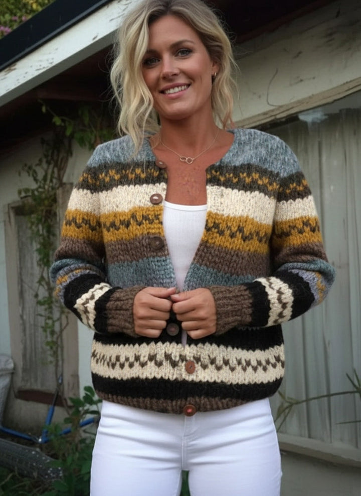 Striped Colour Block Print Buttoned Cardigan Sweater