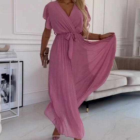 AMANDA - ELEGANT V-NECK PLEATED MAXI DRESS